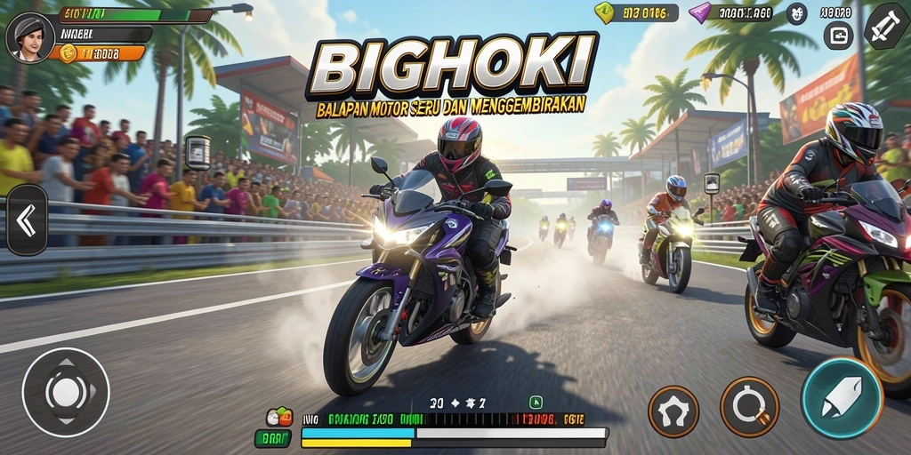 Tampilan gameplay menegangkan di BIGHOKI dengan motor balap yang cepat.