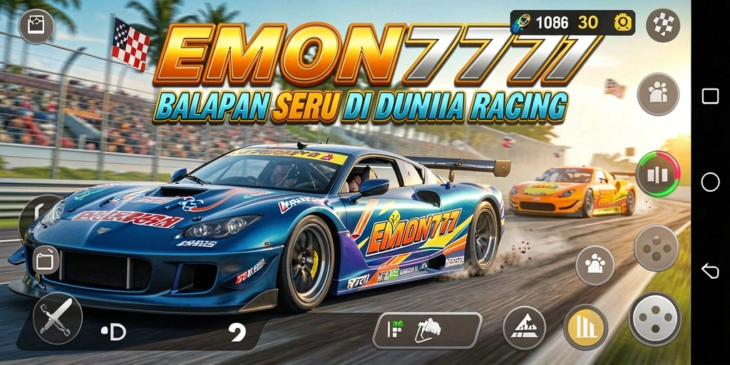 Gameplay Racing seru EMON777 dengan mobil berkecepatan tinggi.