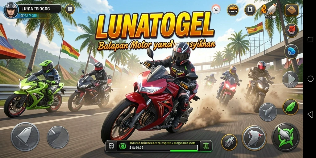 Tangkapan layar gameplay LUNATOGEL yang menampilkan balapan motor yang seru.