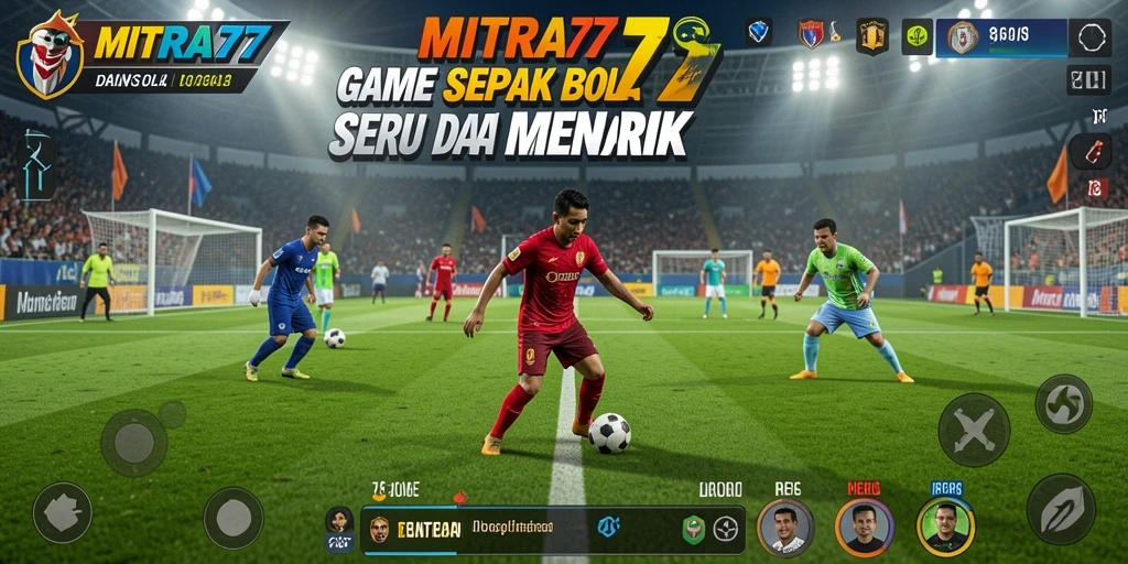 Screenshot gameplay menunjukkan aksi seru pertandingan sepak bola.