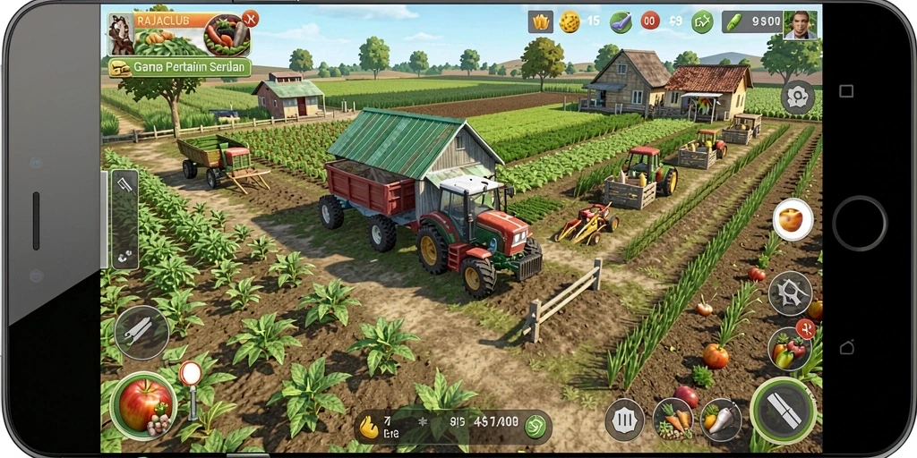 Tampilan gameplay seru dalam RAJACLUB yang menampilkan kebun yang subur.
