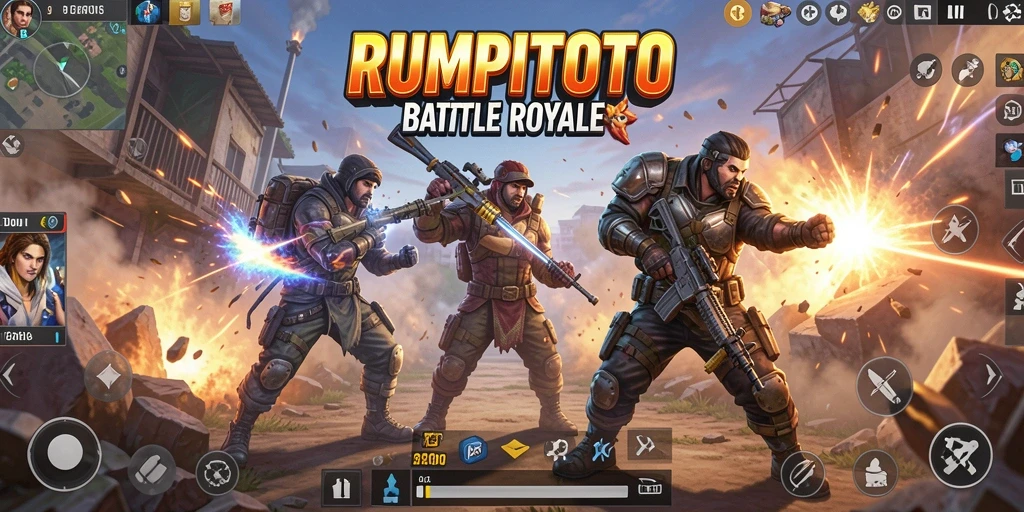 Tangkapan layar dari gameplay RUMPITOTO yang mendebarkan di arena Battle Royale.