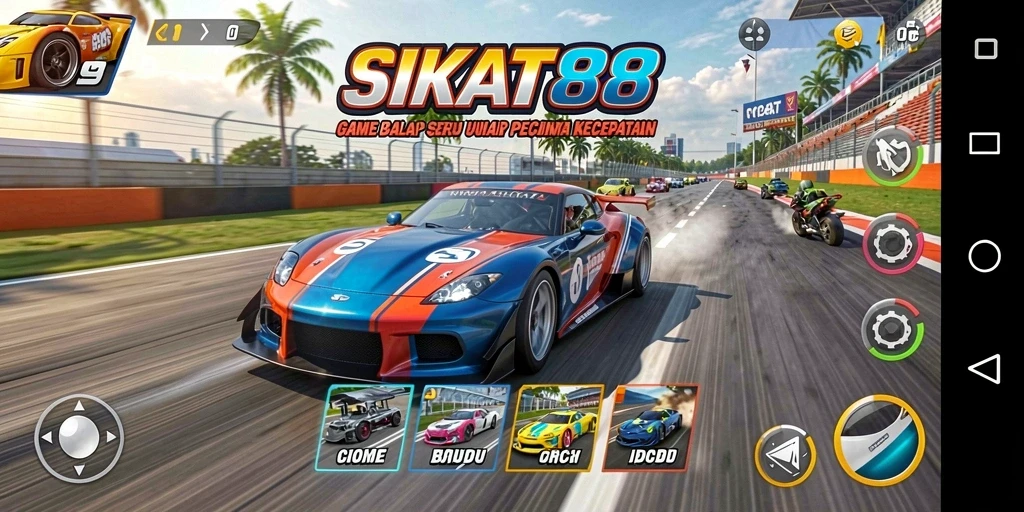 Gameplay SIKAT88 yang menampilkan adu balap seru dan mobil cepat.
